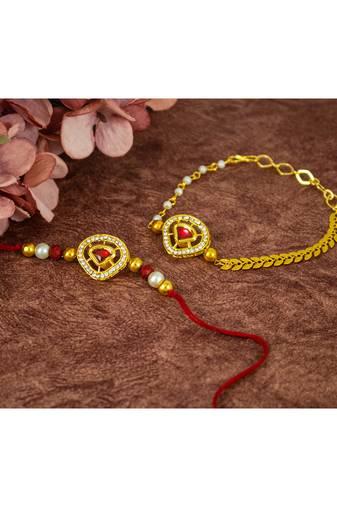 Raksha bandhan combo of red kundan rakhi and lumba set for bhaiya bhabhi with roli chawal and written greeting note.