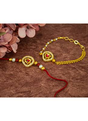 Raksha bandhan combo of red kundan rakhi and lumba set for bhaiya bhabhi with roli chawal and written greeting note. 1