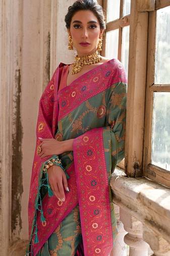 Light Green Banarasi silk blend Contrast Zari Weaving Saree 