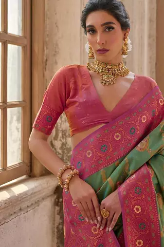 Light Green Banarasi silk blend Contrast Zari Weaving Saree 