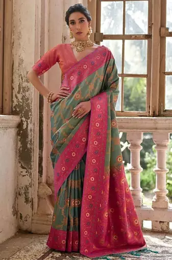 Light Green Banarasi silk blend Contrast Zari Weaving Saree 