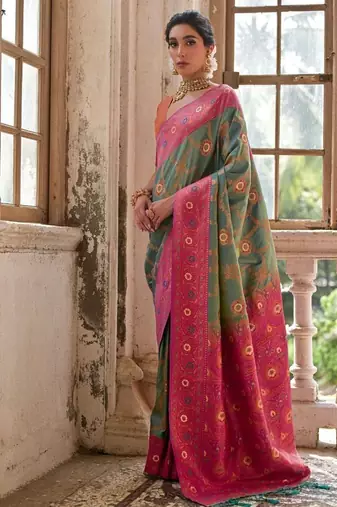 Light Green Banarasi silk blend Contrast Zari Weaving Saree 