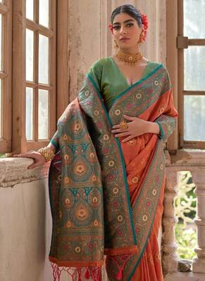 Orange Banarasi silk blend Contrast Zari Weaving Saree  1
