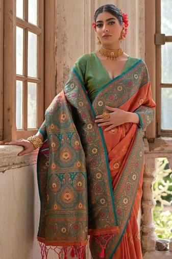 Orange Banarasi silk blend Contrast Zari Weaving Saree 