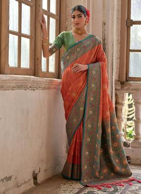 Orange Banarasi silk blend Contrast Zari Weaving Saree  2