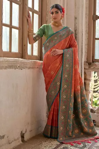 Orange Banarasi silk blend Contrast Zari Weaving Saree 