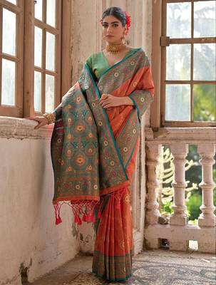 Orange Banarasi silk blend Contrast Zari Weaving Saree  3