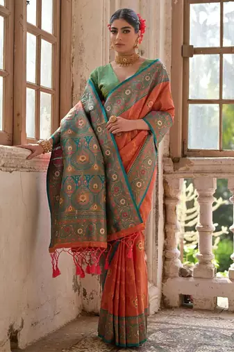 Orange Banarasi silk blend Contrast Zari Weaving Saree 