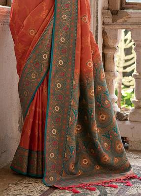 Orange Banarasi silk blend Contrast Zari Weaving Saree  4