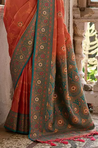 Orange Banarasi silk blend Contrast Zari Weaving Saree 