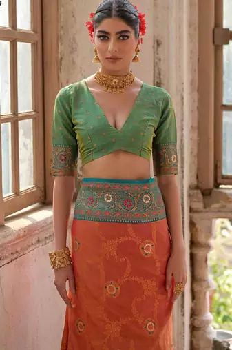 Orange Banarasi silk blend Contrast Zari Weaving Saree 