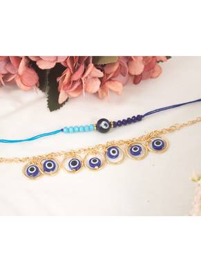 Handcrafted combo of evil eye protective rakhi for bhaiya bhabhi with roli chawal and written greeting note. 2
