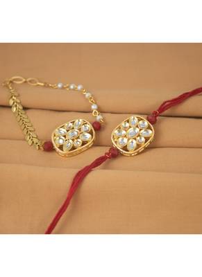 Combo of latest gold plated kundan rakhi for bhaiya bhabhi with roli chawal and written greeting note (red). 2