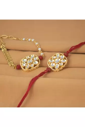 Combo of latest gold plated kundan rakhi for bhaiya bhabhi with roli chawal and written greeting note (red).