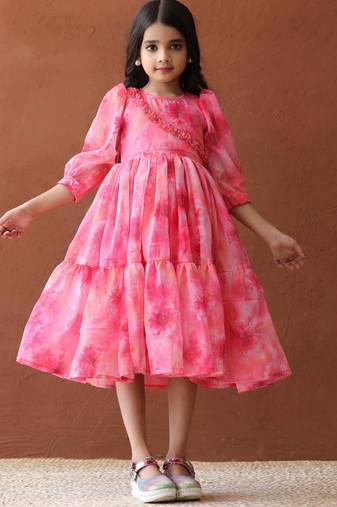 Fuchsia Pink Organza Flared Frock for (Set of 1)