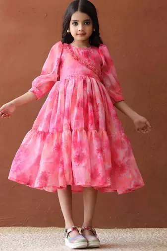 Fuchsia Pink Organza Flared Frock for (Set of 1)