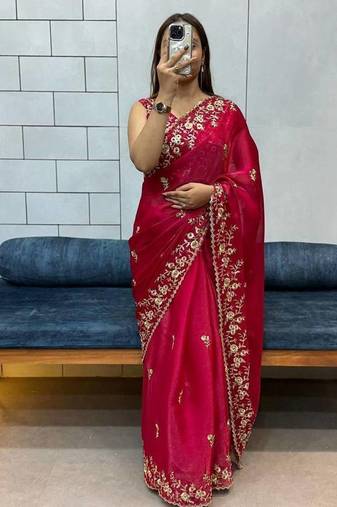 Red Fancy Fabric Embroidered Saree With Blouse Set