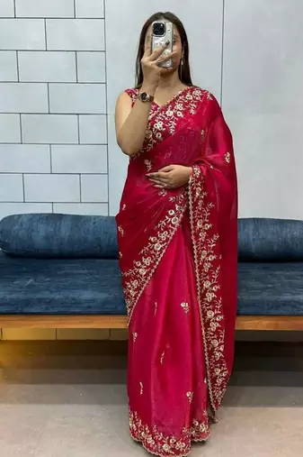 Red Fancy Fabric Embroidered Saree With Blouse Set