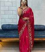 Red Fancy Fabric Embroidered Saree With Blouse Set
