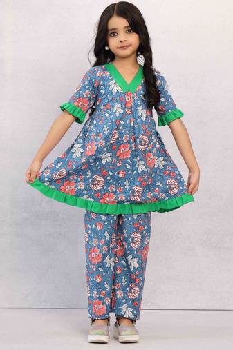 Blue Printed Floral Cotton Top and Pant Set for Girls