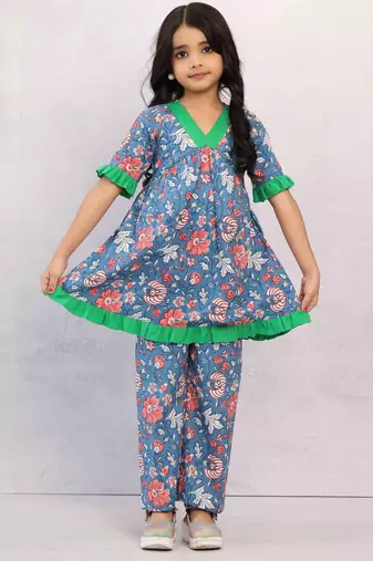 Blue Printed Floral Cotton Top and Pant Set for Girls
