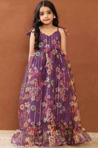 Rakhi Special Purple Floral Organza Maxi Dress with Zari Work & Matching Pants 