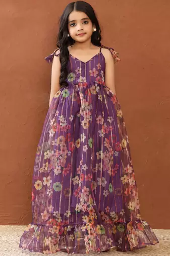 Rakhi Special Purple Floral Organza Maxi Dress with Zari Work & Matching Pants 