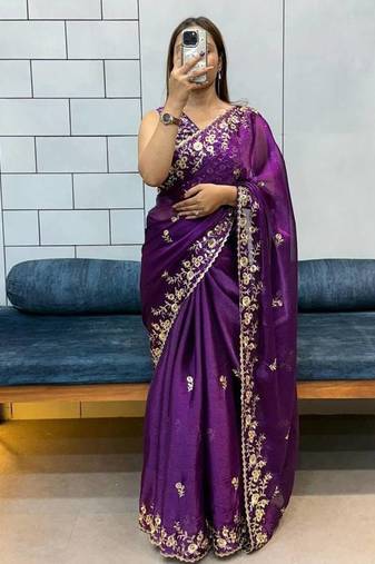 Purple Embroidered Fancy Fabric Saree With Blouse Set