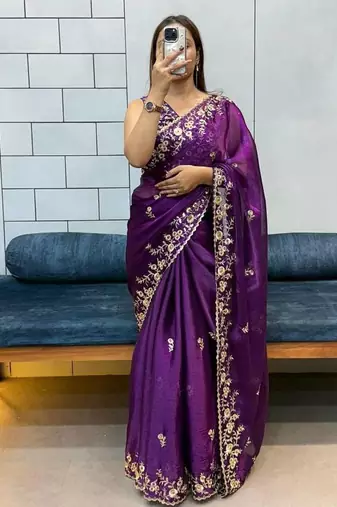Purple Embroidered Fancy Fabric Saree With Blouse Set