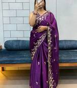Purple Embroidered Fancy Fabric Saree With Blouse Set