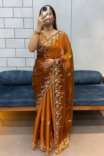 Gold FENDI CHIFFON Embroidered Saree With Blouse