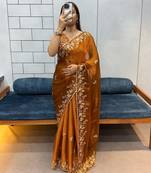 Gold FENDI CHIFFON Embroidered Saree With Blouse