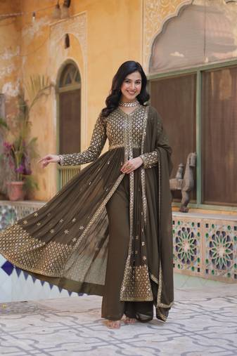 Olive green faux georgette straight-cut suit with heavy embroidery     stitched salwar suit