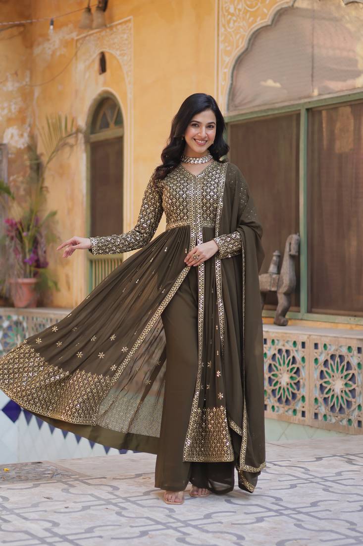 Olive green faux georgette straight-cut suit with heavy embroidery     stitched salwar suit
