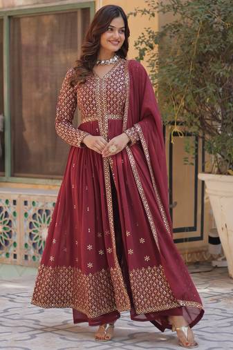 Wine Embroidered faux georgette anarkali suit 