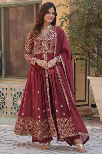 Wine Embroidered faux georgette anarkali suit 