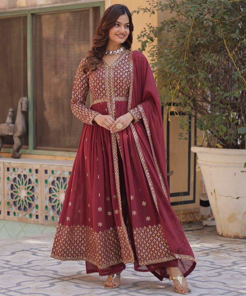 Wine Embroidered faux georgette anarkali suit 