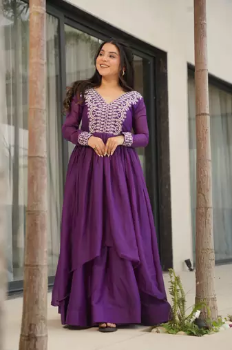 Purple georgette embroidery beads & sequins work layered anarkali gown 