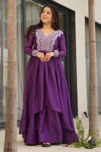 Purple georgette embroidery beads & sequins work layered anarkali gown 