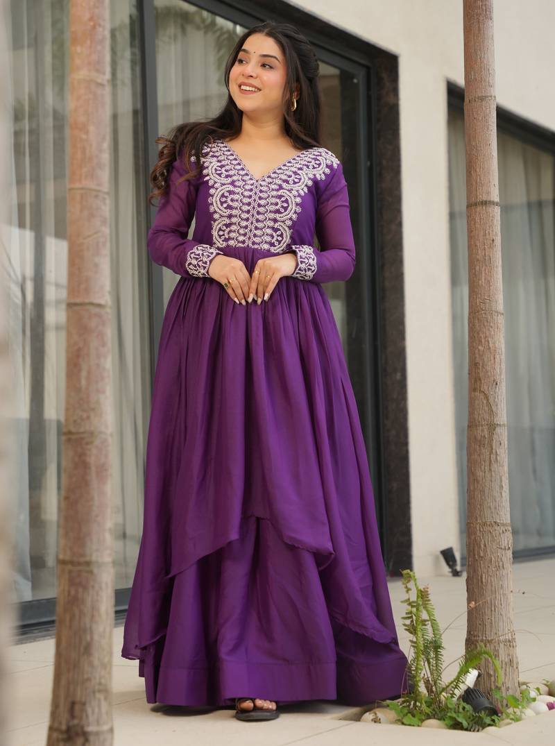 Purple georgette embroidery beads & sequins work layered anarkali gown 