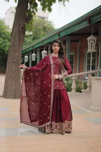 Maroon rangoli silk heavy sequins & thread embroidered fully stitched short kurti with sharara