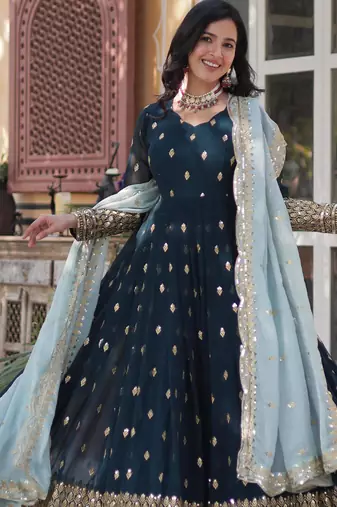 Navy blue faux blooming anarkali gown with zari & sequin embroidery and mint dupatta     fully stitched festive wear
