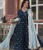 Navy blue faux blooming anarkali gown with zari & sequin embroidery and mint dupatta     fully stitched festive wear