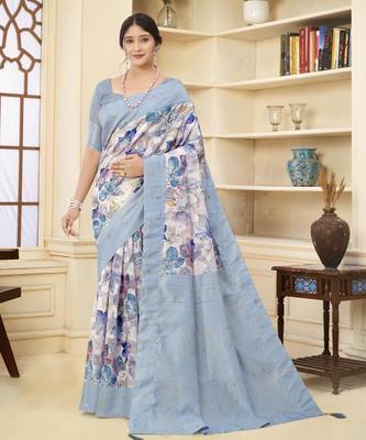 Aqua blue wevon jacquard with printed rich silk blend stylish ceremonial saree 1