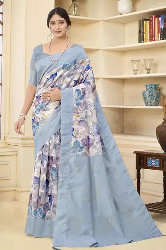 Aqua blue color wevon jacquard designer with printed rich silk fabric stylish ceremonial saree