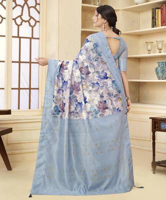 Aqua blue wevon jacquard with printed rich silk blend stylish ceremonial saree 2