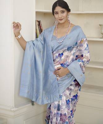 Aqua blue wevon jacquard with printed rich silk blend stylish ceremonial saree 3