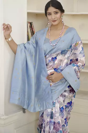 Aqua blue wevon jacquard with printed rich silk blend stylish ceremonial saree