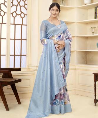 Aqua blue wevon jacquard with printed rich silk blend stylish ceremonial saree 4
