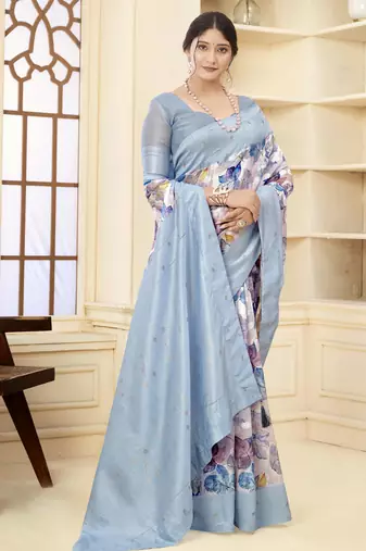 Aqua blue wevon jacquard with printed rich silk blend stylish ceremonial saree